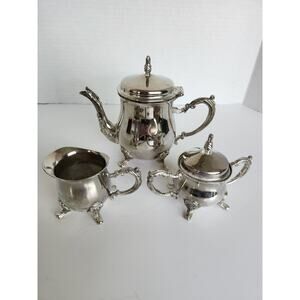 Vtg Silver Plated Miniature Three Piece Tea Set Teapot Sugar Bowl & Creamer